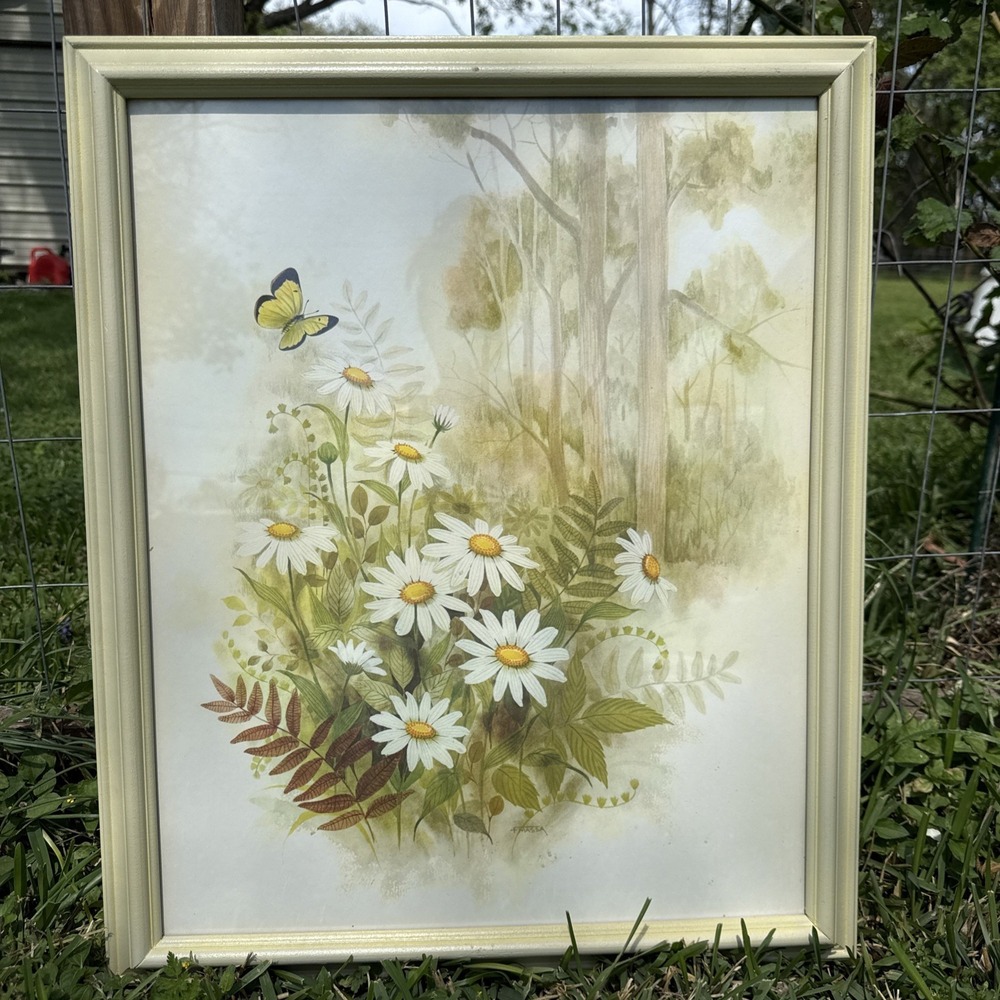 Vtg F. Massa "Splendors of Nature" Homco Cottage Framed Daisy Butterfly Framed